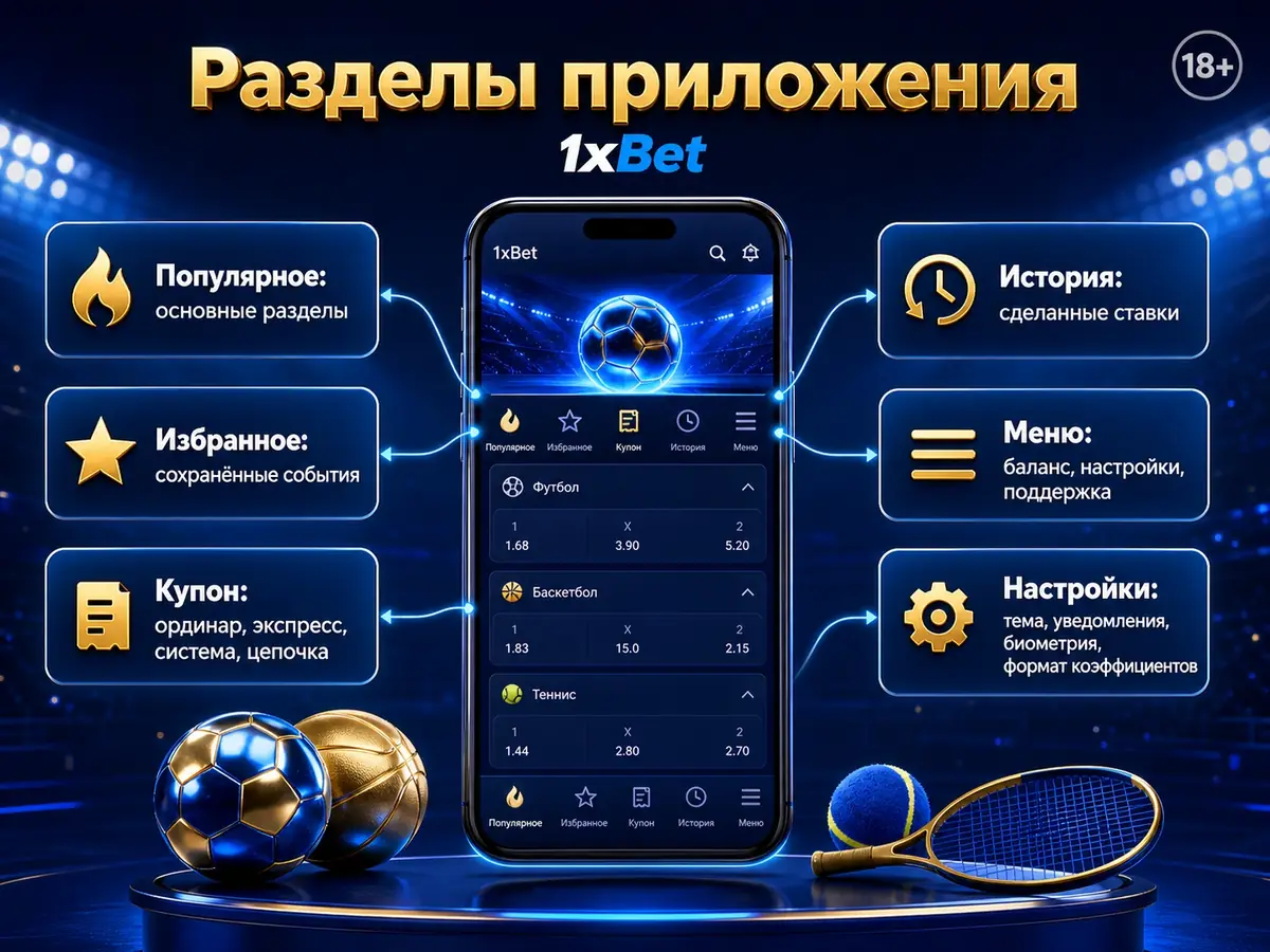 Разделы приложения. Популярное: основные разделы. Избранное: сохранённые события. Купон: ординар, экспресс, система, цепочка. История: сделанные ставки. Меню: баланс, настройки, поддержка. Настройки: тема, уведомления, биометрия, формат коэффициентов