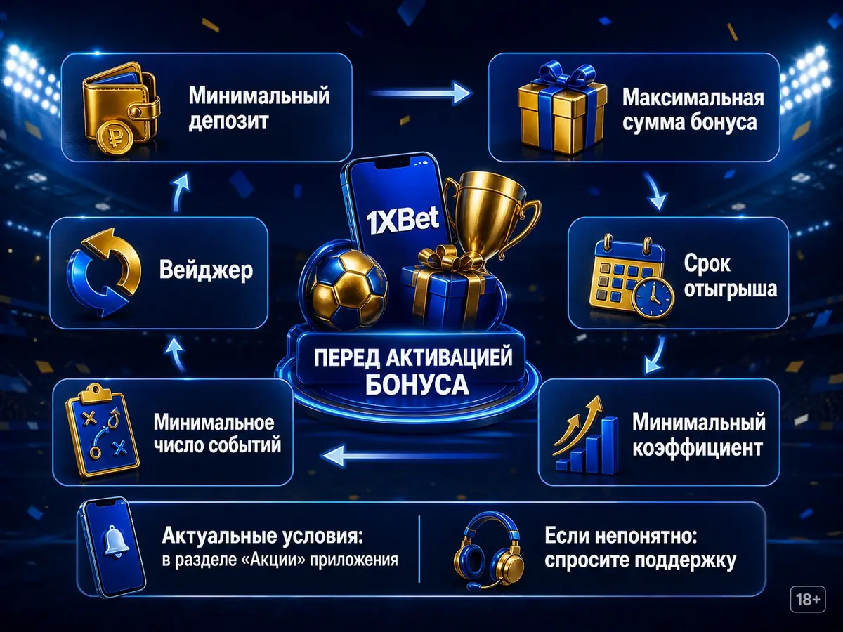 Перед активацией бонуса. Минимальный депозит. Максимальная сумма бонуса. Вейджер. Срок отыгрыша. Минимальное число событий. Минимальный коэффициент. Актуальные условия: в разделе «Акции» приложения. Если непонятно: спросите поддержку