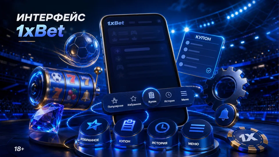 Интерфейс 1xBet: слоты, casino, купон и настройки: тематическая иллюстрация