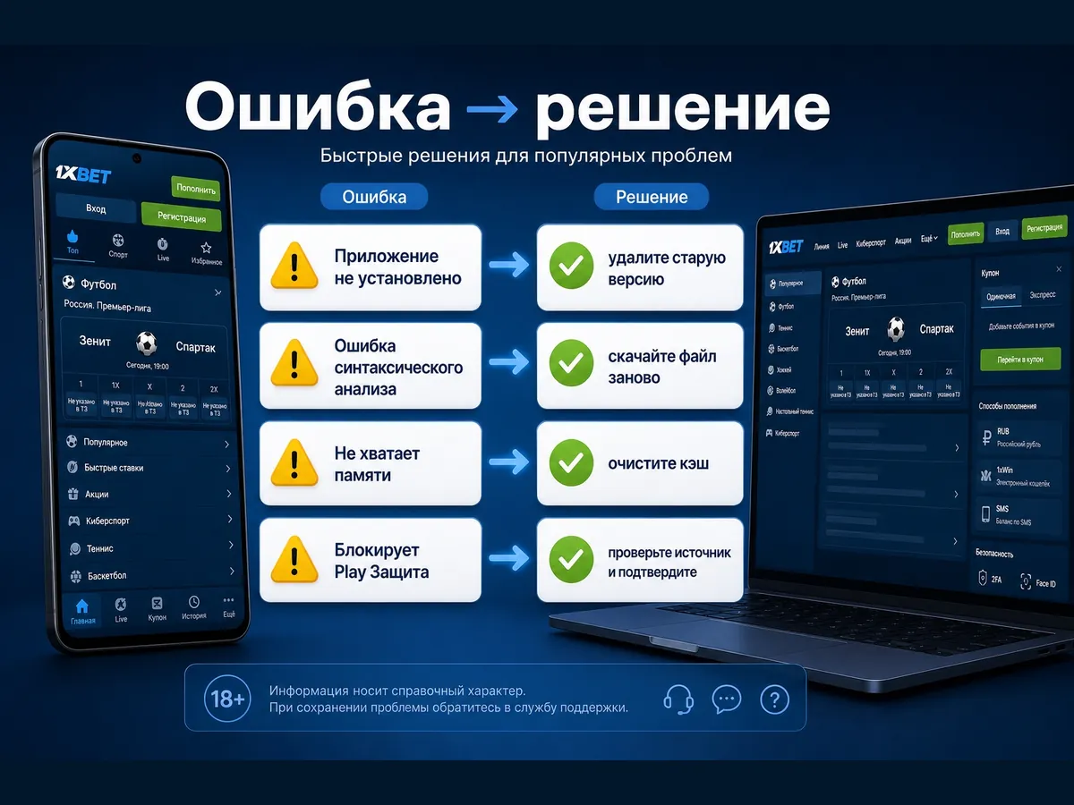 Инфографика: частые ошибки при установке APK 1xBet и их решение