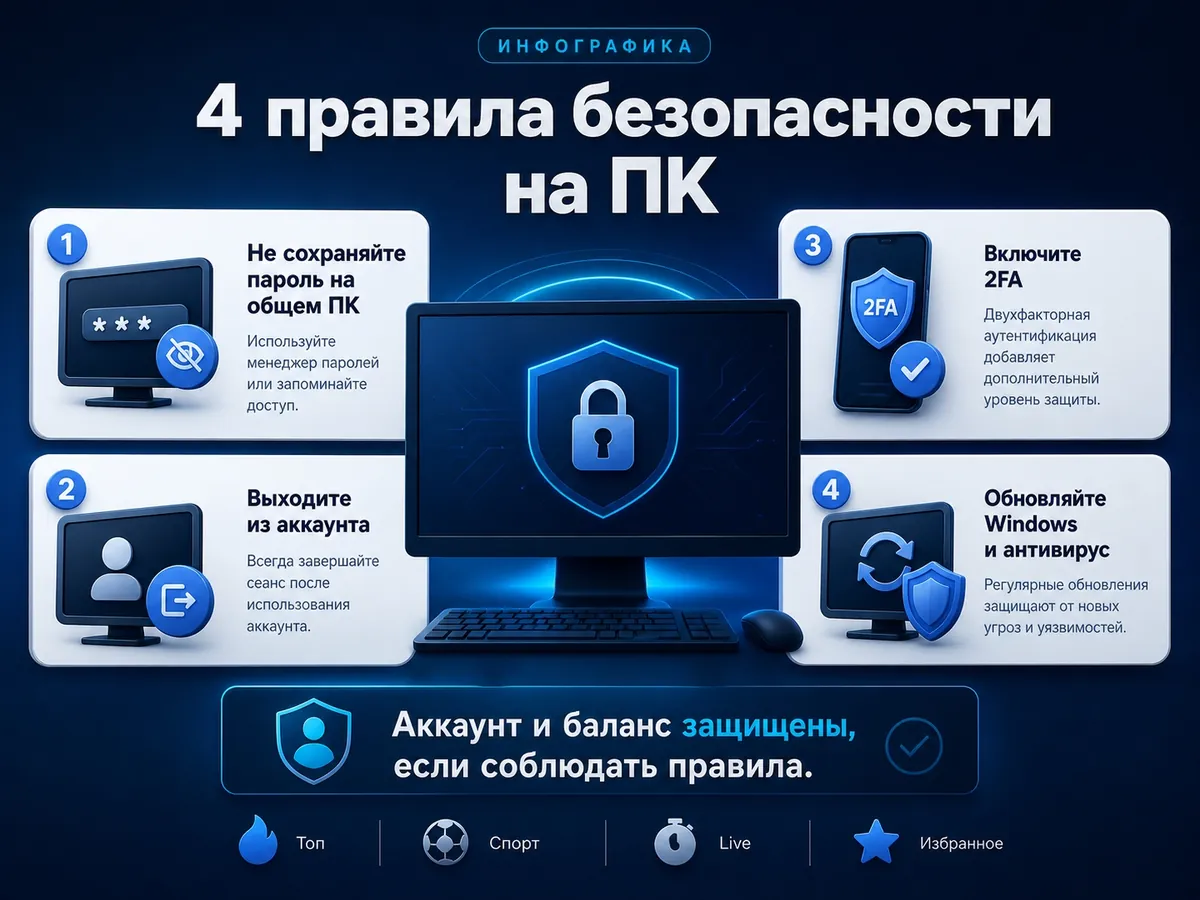 Инфографика: четыре правила безопасности аккаунта 1xBet на компьютере