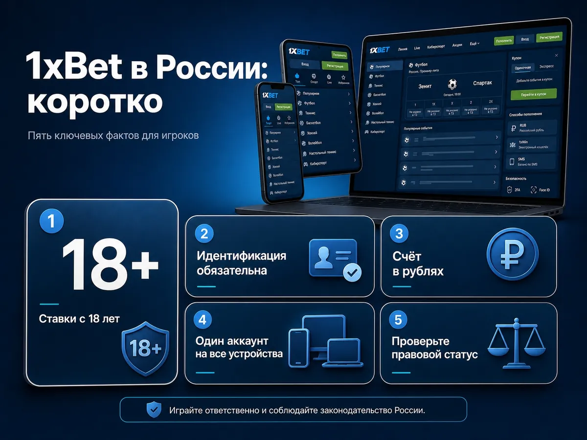 Инфографика: главное о 1xBet в России — 18+, идентификация, рубли, один аккаунт, проверка правового статуса