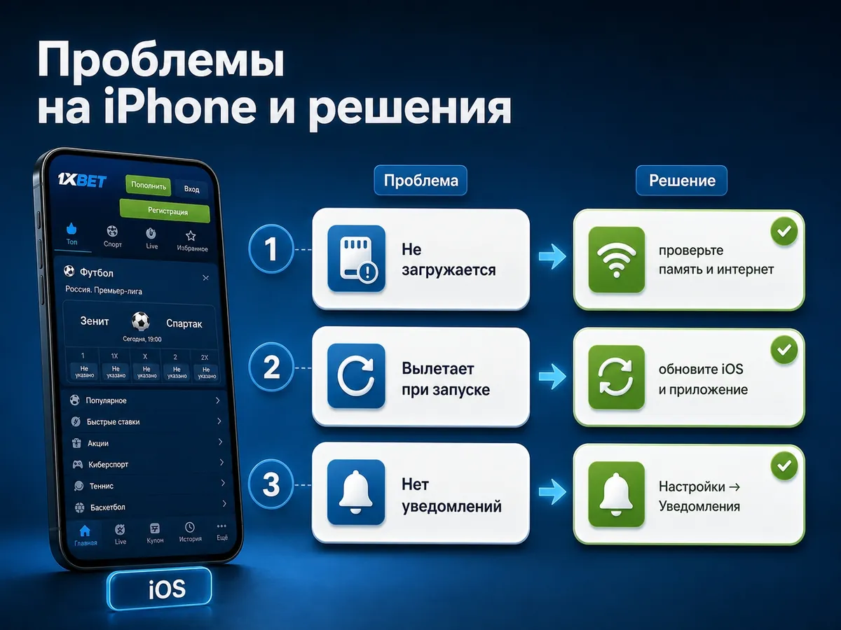 Инфографика: проблемы с приложением 1xBet на iPhone и их решение