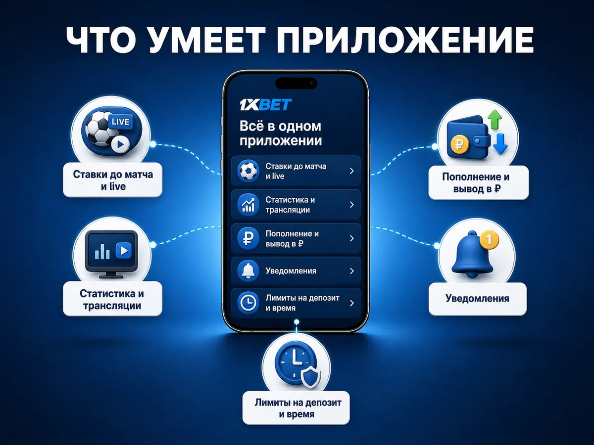 Инфографика: возможности приложения 1xBet — ставки, live, статистика, касса в рублях, уведомления, лимиты