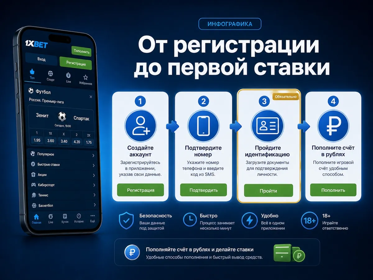 Инфографика: регистрация в 1xBet — от создания аккаунта до первой ставки
